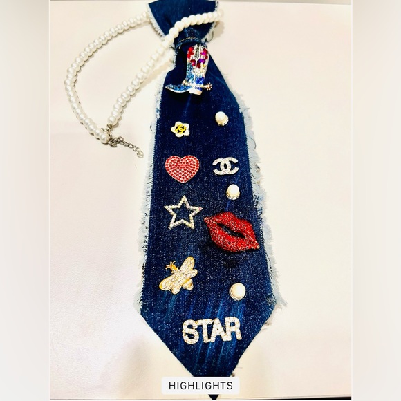 Denim Tie necklaces with Colorful embellishments. - Picture 4 of 4